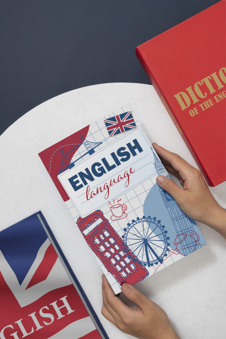 top view hands holding english book